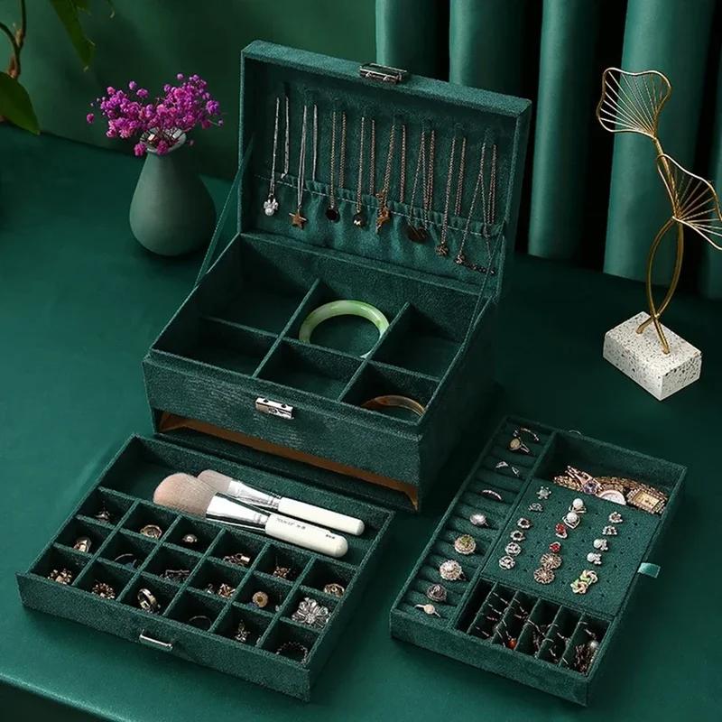 New 3-layers Green Velvet Jewelry Organizer Large Capacity Ring Necklace Makeup Holder Cases  Jewelry Box  for Women with Lock
