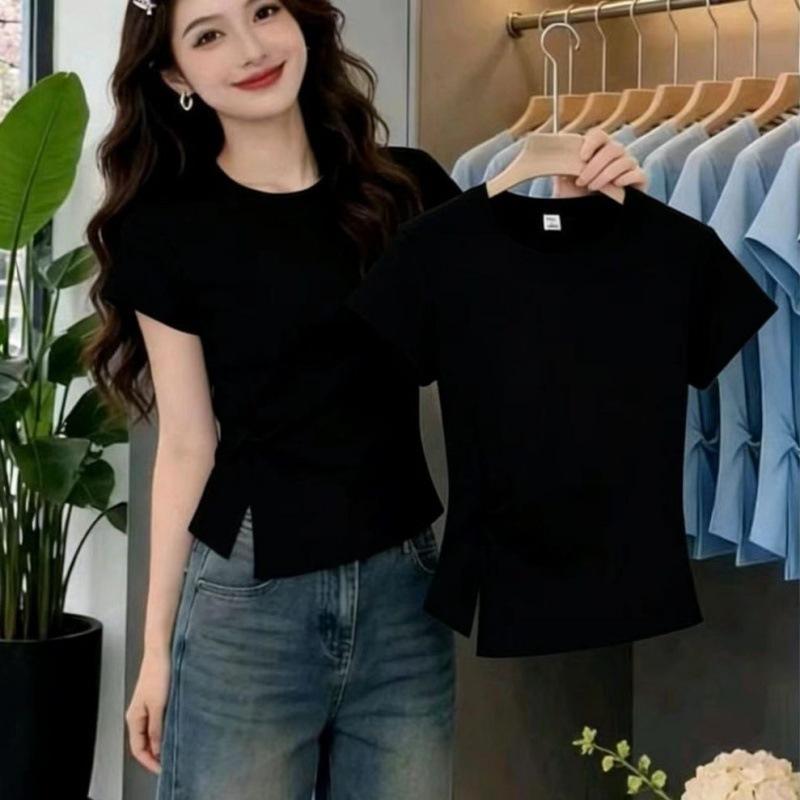 Korean kinky split-sleeved short-sleeved T-shirt women's summer new front shoulder versatile slim-fitting short top