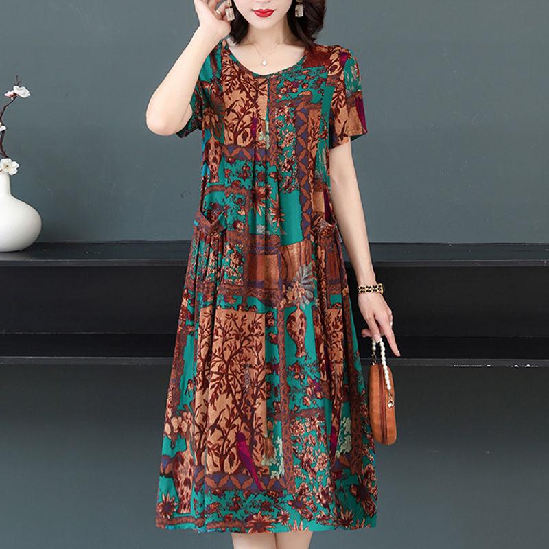 Женское летнее модное свободное хлопковое шелковое платье большого размера с короткими рукавами и цветочным принтом, темпераментные платья трапециевидной формы