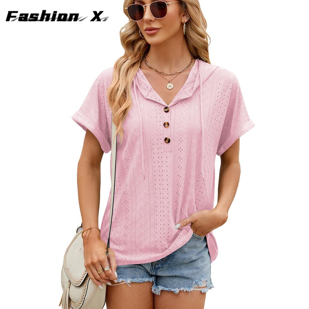 2024 весна и лето, новая однотонная свободная футболка с короткими рукавами и пуговицами, топ для женщин