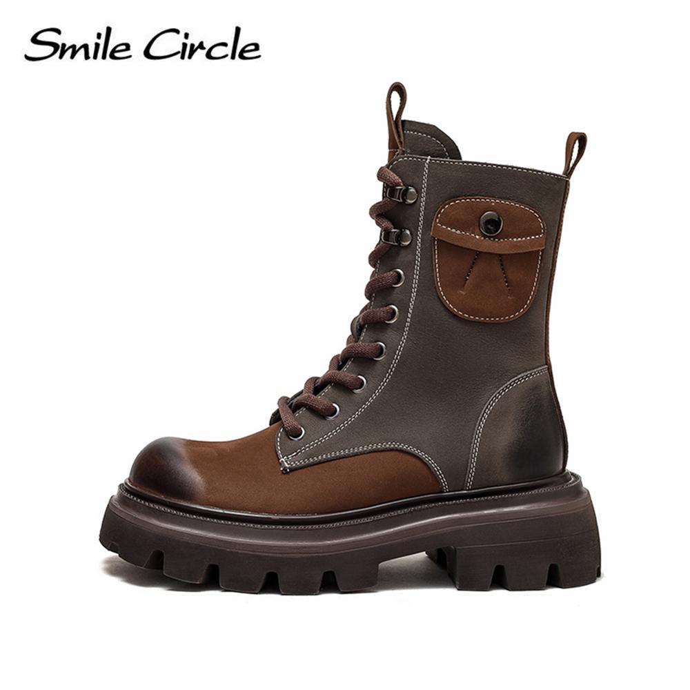 Женские ботинки из натуральной кожи на массивном каблуке, цветные сапоги с высоким берцем и толстой подошвой, модные повседневные женские мотоциклетные ботинки