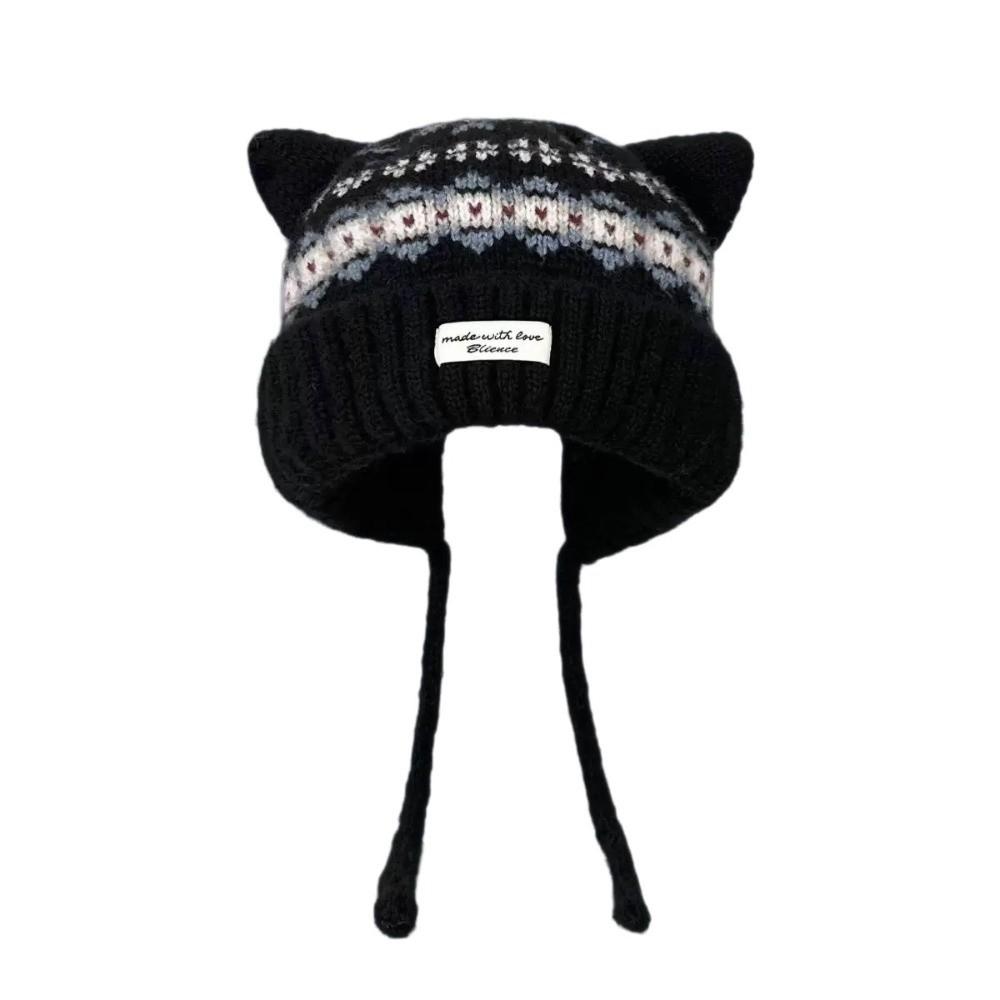 Cat Ear Strap Beanie Hat Windproof Winter Pullover Hat Casual Knitted Woolen Cap for Women Girls