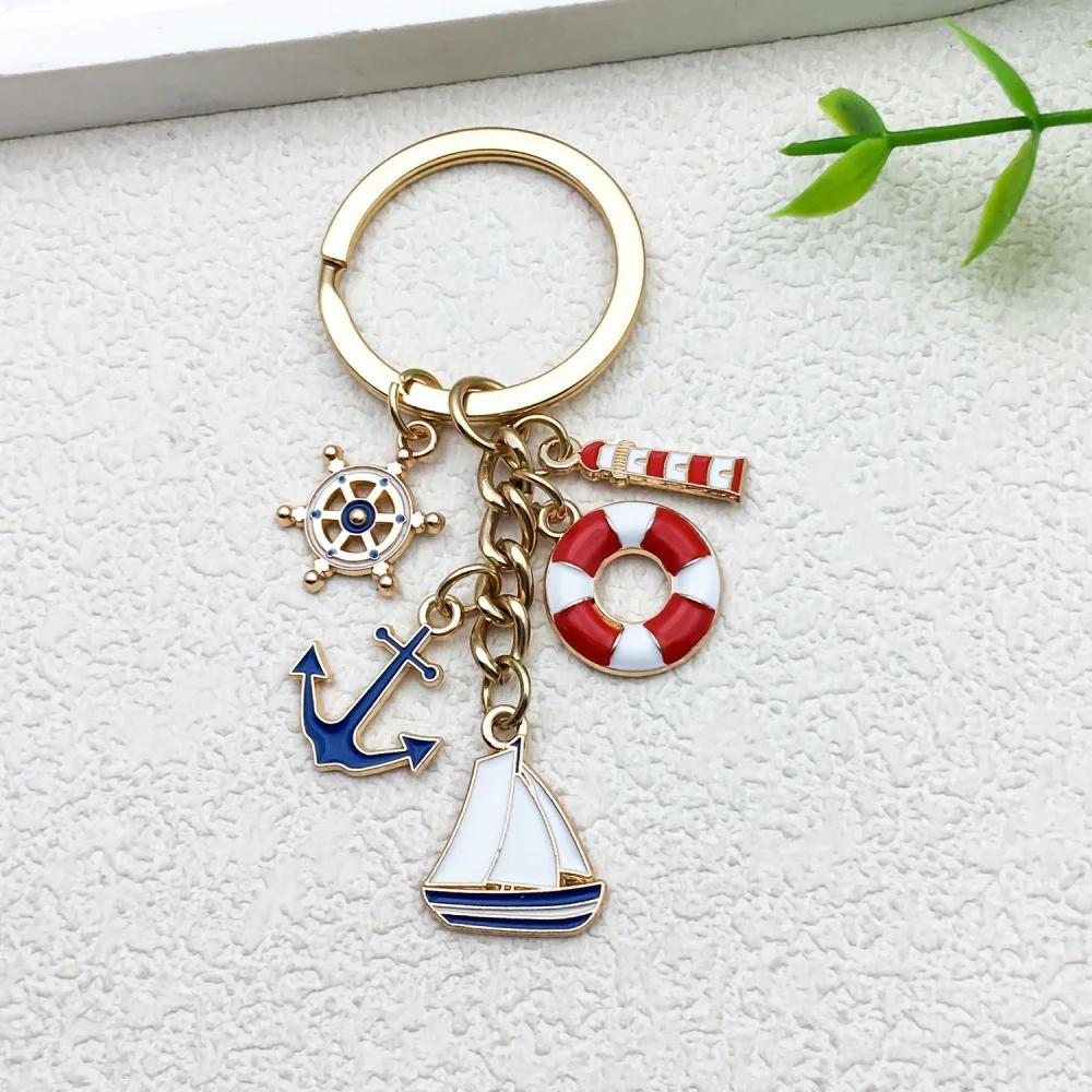 Mini Metal Sailboat Lighthouse Life Buoy Pendant Enamel Anchor Key Holder Backpack Decor Marine Worker'S Souvenir Gift Bag Charm