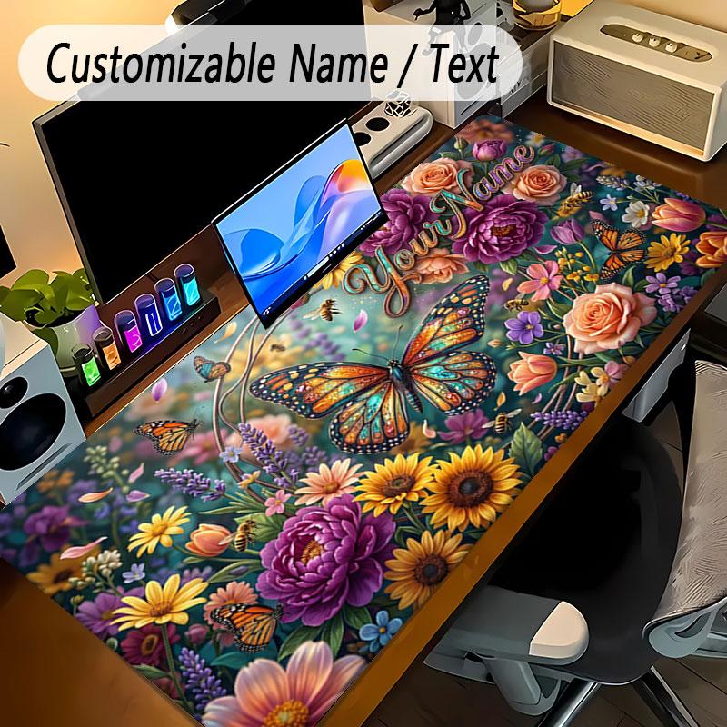 Floral Garden Theme Personalized Mouse Pad Custom Name Text Non Slip Desk Pad For Laptop Office Desktop