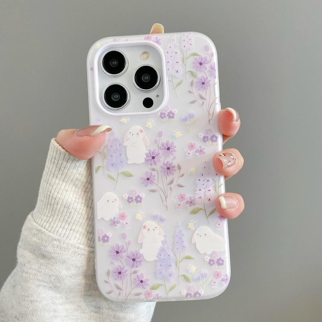 Simple Illustration Wind iphone17ProMax Mobile Phone Protective Case Female Apple 16Pro Cartoon Purple Flower Rabbit Soft