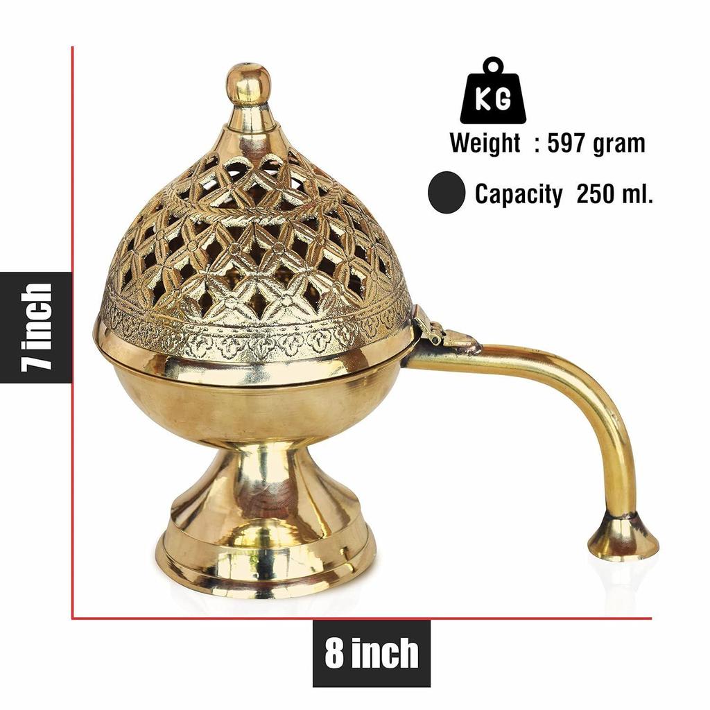 India Brass Dhoop Dani Bakhoor Holder Loban Burner Incense Holder, 8 Inch (600 Gram)