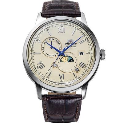 Мужской TRN-AK0803Y (Классическая мужская кожаная сумка Bambino Sun and Moon) Круглые часы из нержавеющей стали