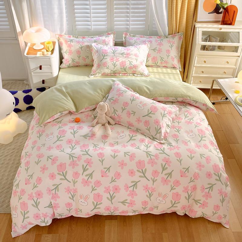 Небольшой свежий утолщенный комплект из четырех предметов из хлопка с принтом, состоящий из трех предметов, простыня и пододеяльник