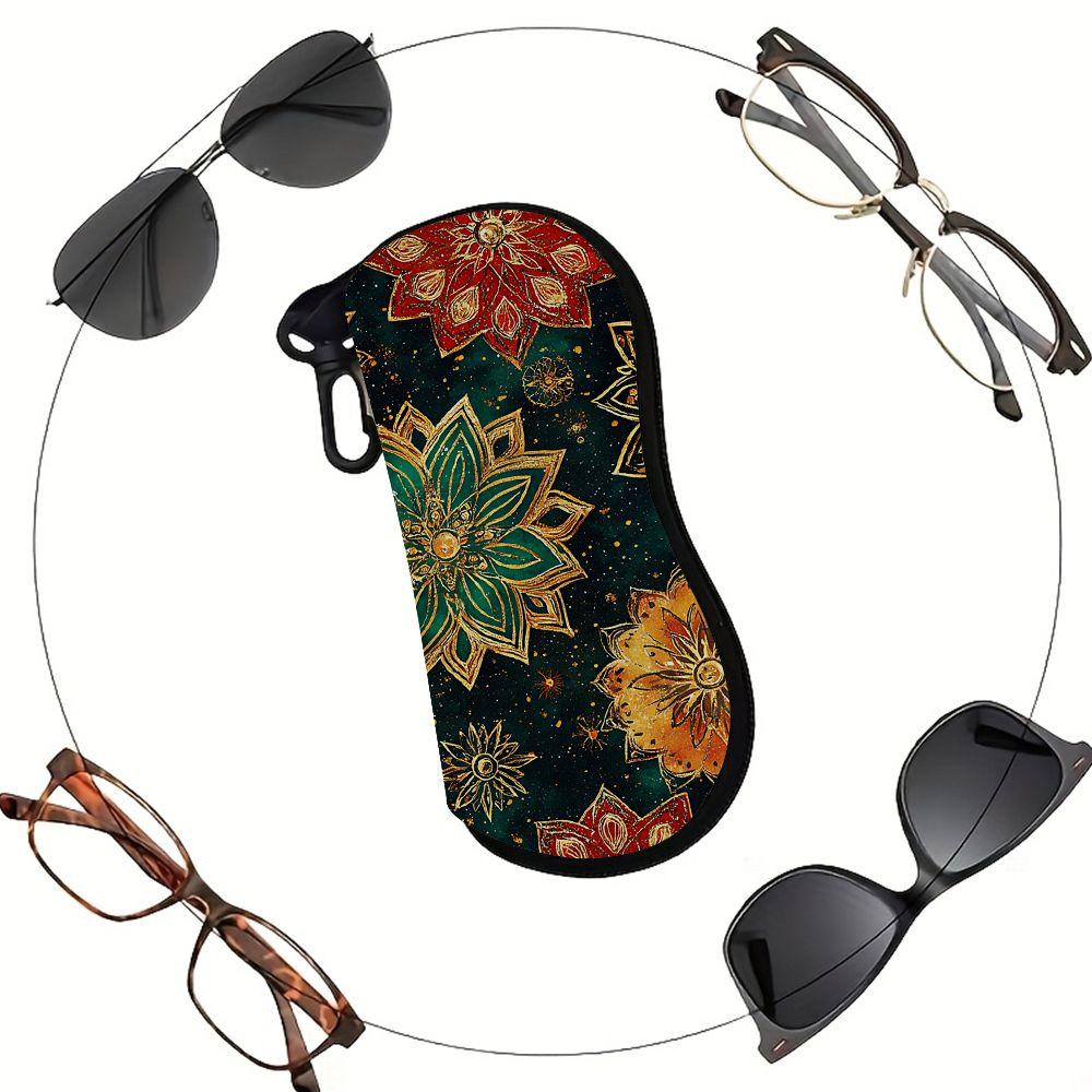 2D-Bohemian Floral Pattern Zipper Sunglasses Case, Vintage Gold Leaf Eyeglasses Storage Pouch, Portable Protective Eyewear Container for Travel