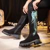 Women's Winter Platform Snow Boots Warm Low Chunky Block Heels Knee High Embroidered Tall Booties With Faux Fur Lining Mid-Calf Boots Shoes for Women