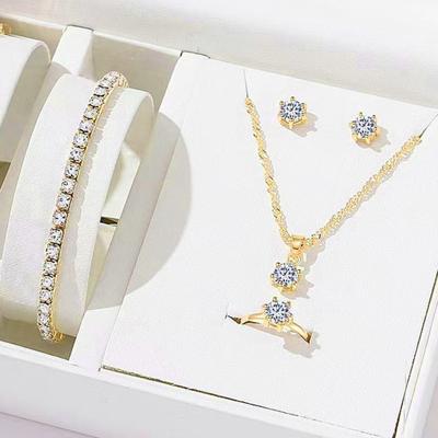 1 комплект, женский комплект ювелирных изделий, серьги, браслет, ожерелье, кольцо со стразами, регулируемое кольцо из нержавеющей стали, цветостойкий, легкий, женский подарок на день рождения, подарок для мамы