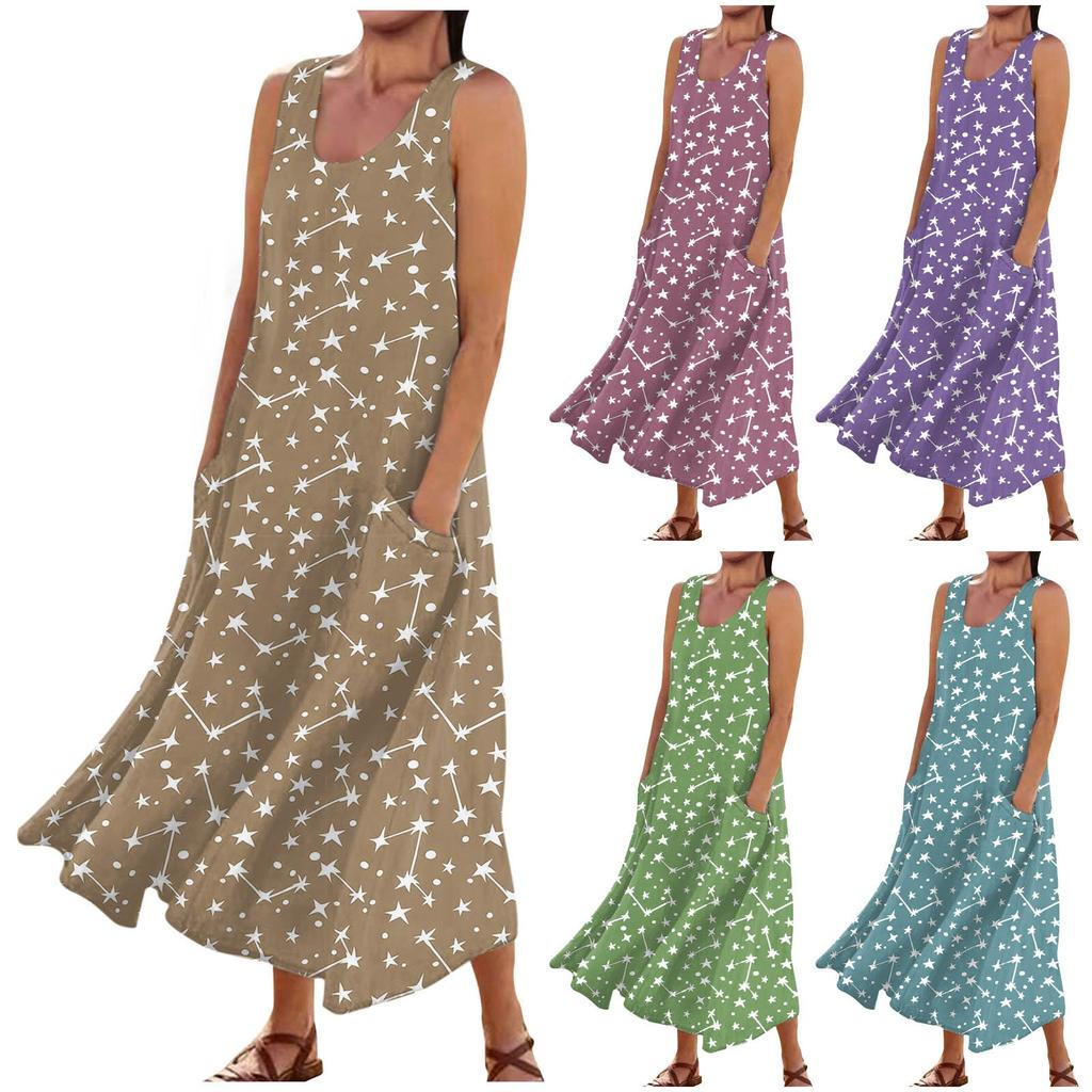 Women's Casual Comfortable Floral Print Sleeveless Cotton Pocket Dress