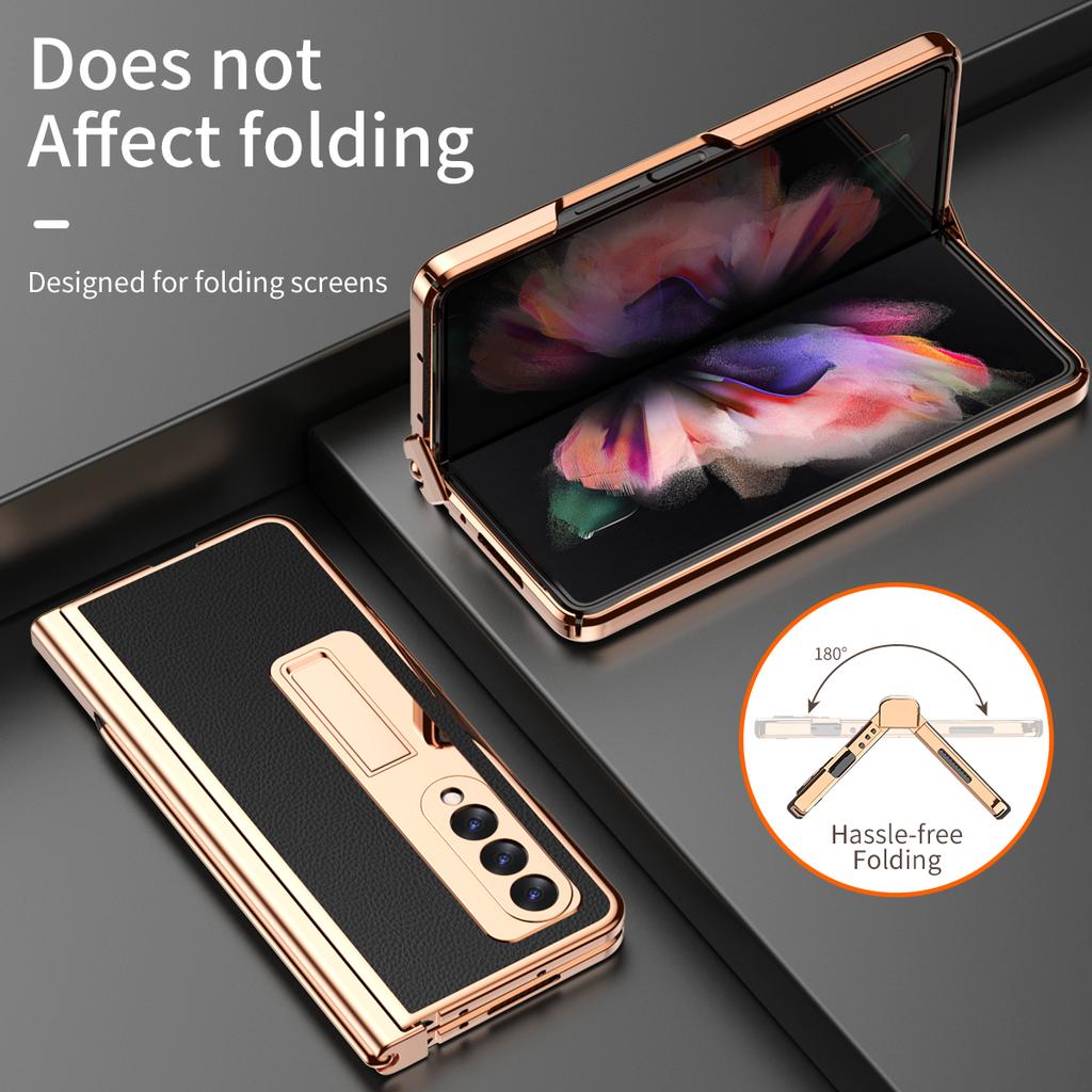 Plating Leather Case For Samsung Galaxy Z Fold 6 4 3 2 5 360 Full Protection Tempered Glass Kickstand Phone Cover