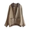 Ladies Spring Autumn Thickened Houndstooth Retro Loose Hooded Plaid Woolen Knitted Cardigan