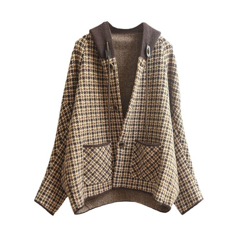 Ladies Spring Autumn Thickened Houndstooth Retro Loose Hooded Plaid Woolen Knitted Cardigan