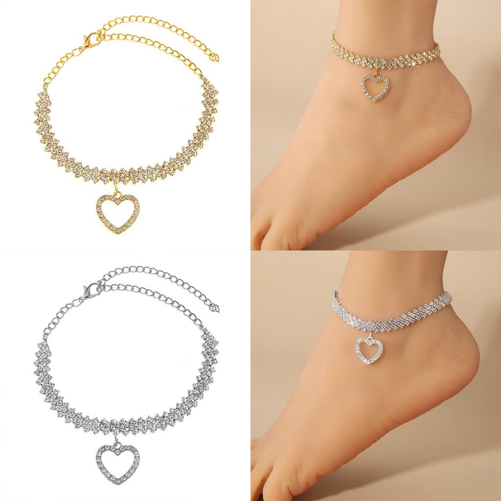 Rhinestone Foot Ornaments, Adjustable Anklet, Crystal Double Heart-shaped Anklet