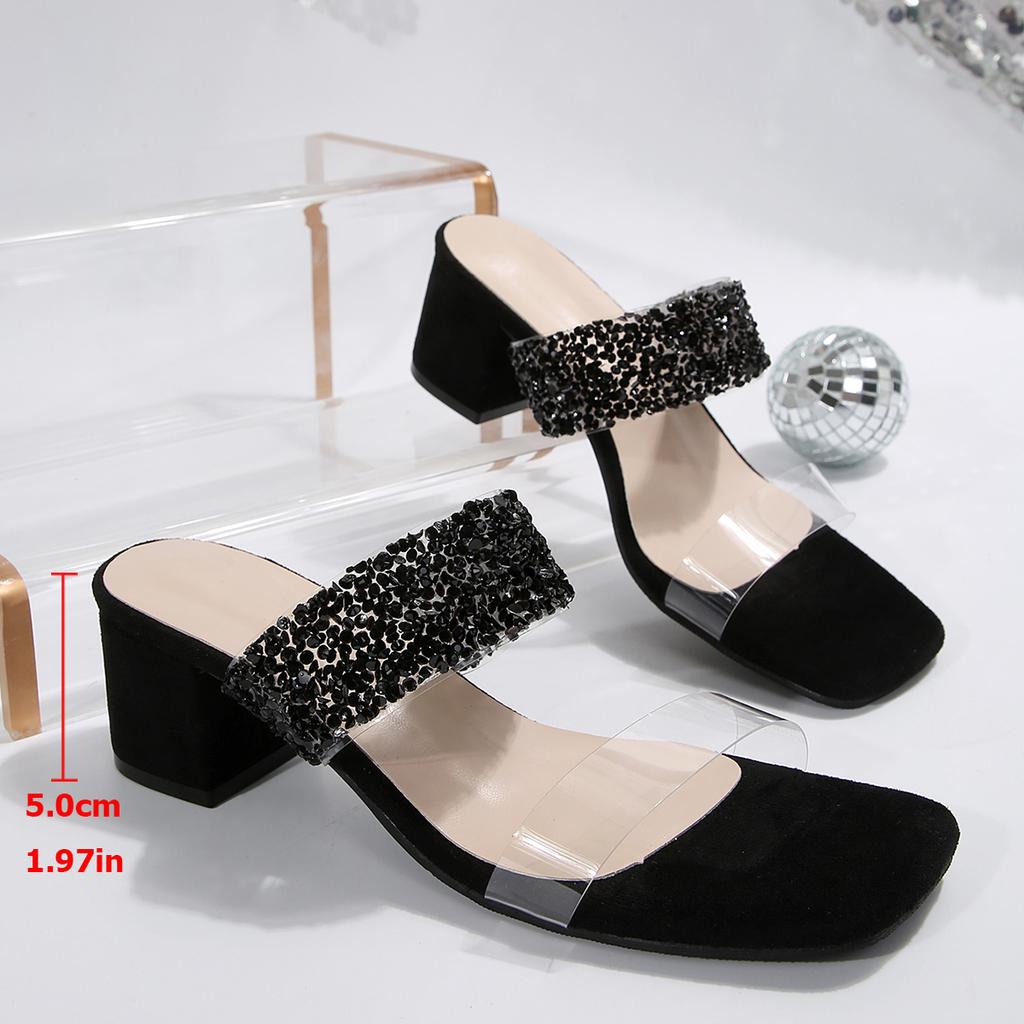 Fashion Chunky Heels Women's Slippers 2025 Fashion Bling Sequins Summer Slippers Women Solid Mid Heel Shoes Outdoor High Heel Sandals