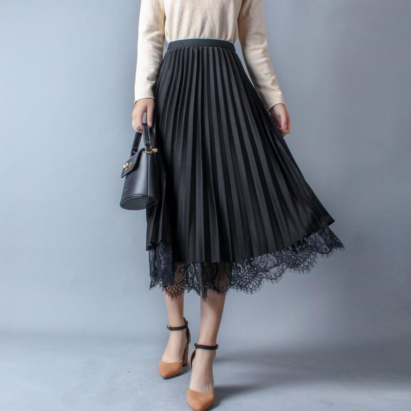 Vintage Lace Gauze Women Skirts Korean Elegant Loose Midi High-waisted Floral Skirt Woman Female Faldas