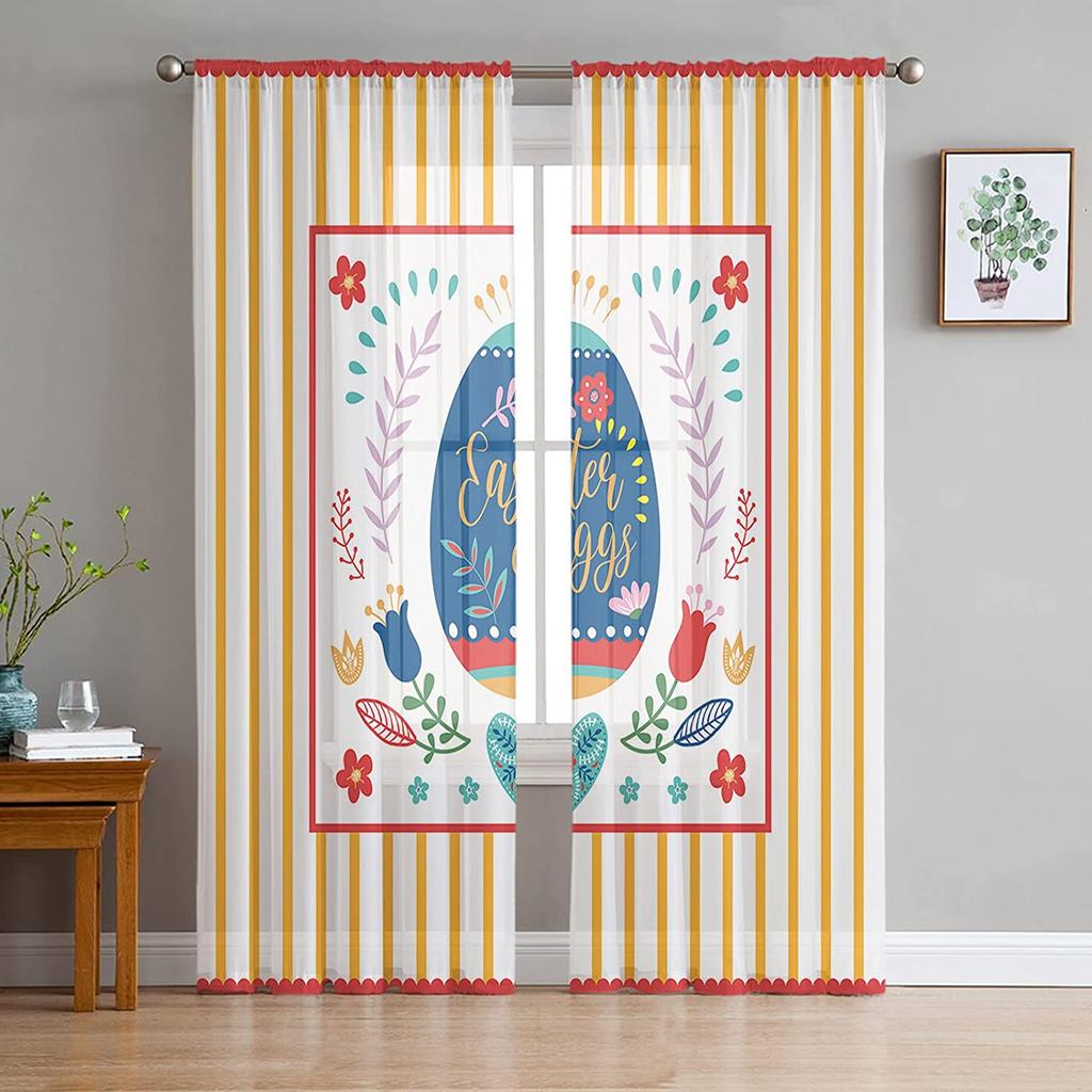 Easter Window Sheer Curtains for Bedroom Living Room Easter Egg Easter Bunny Spring Flower Chiffon Voile Sheer Drapes Curtain