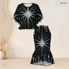 Women Plus Size Black Green Gold Round Neck Printed Batwing Sleeve Ruffle Top Fishtail Skirt Two Piece Set