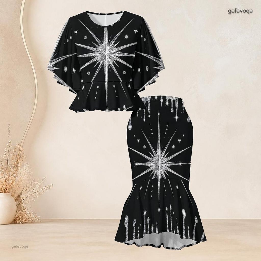 Women Plus Size Black Green Gold Round Neck Printed Batwing Sleeve Ruffle Top Fishtail Skirt Two Piece Set