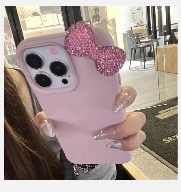 2025 Luxury Rhinestone Bow Litchi Pattern Leather Shockproof Phone Case For iPhone 16 15 14 13 12 11 Pro Max X XS XR 7 Plus Soft Case