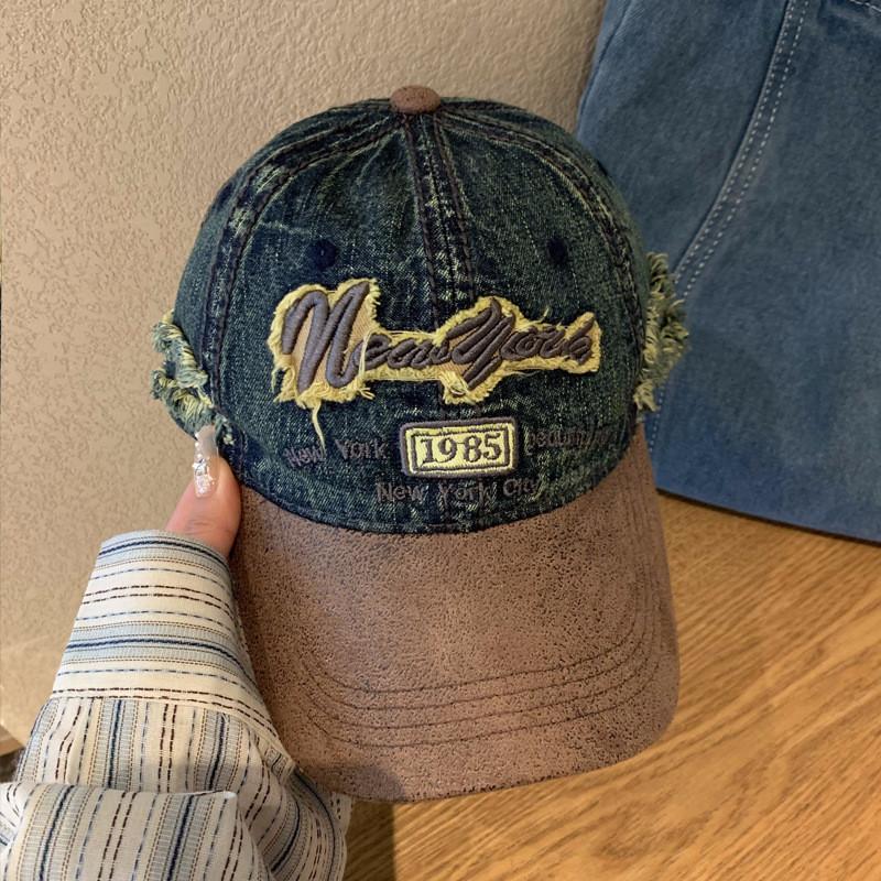 Fashionable Distressed Denim Baseball Hat For Adults With Design Embroidered