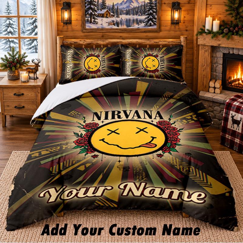 Постельное белье с узором Nirvana, комплект из 3 предметов, с возможностью добавления имени, простыня и наволочки для домашней спальни