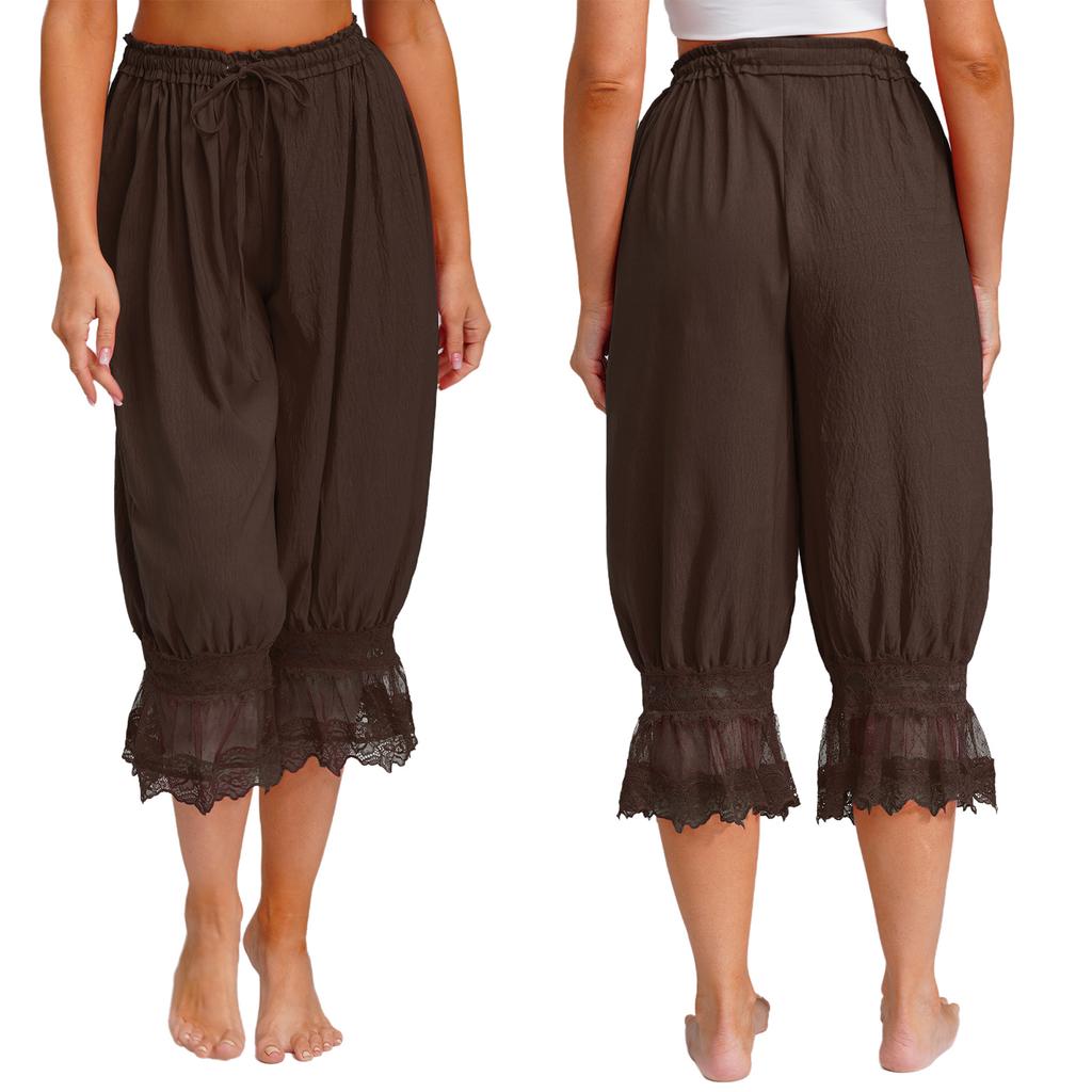 S-L Womens Lace Trim Long Bloomers Loungewear Elastic Waist with Drawstring Loose Harem Pants Medieval Pirate Pantaloons Midi Pants