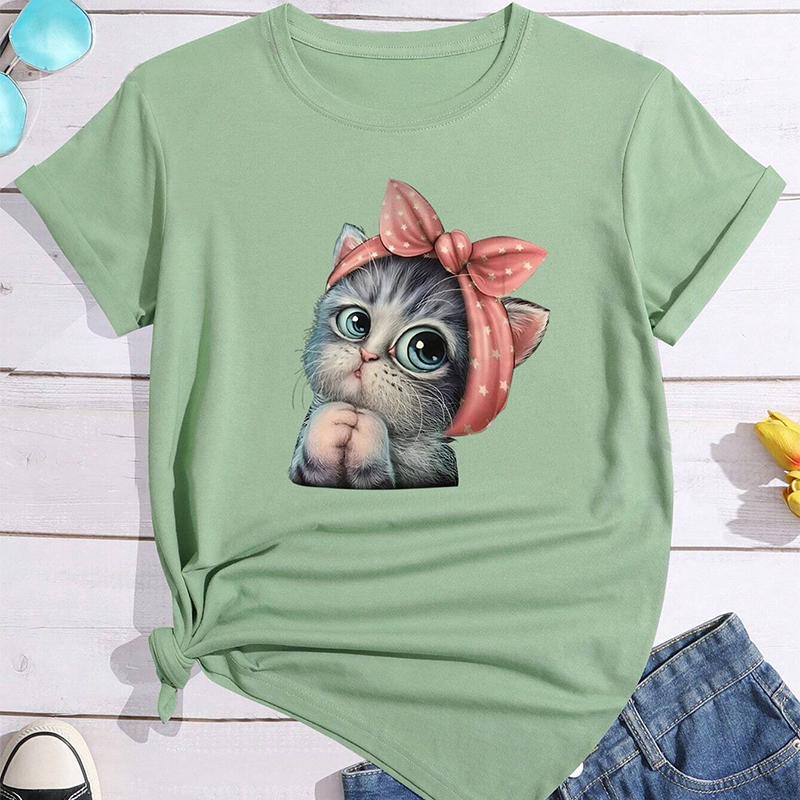 Модная женская футболка с милым мультяшным животным и принтом кота, забавная повседневная футболка с круглым вырезом и короткими рукавами, летняя женская футболка