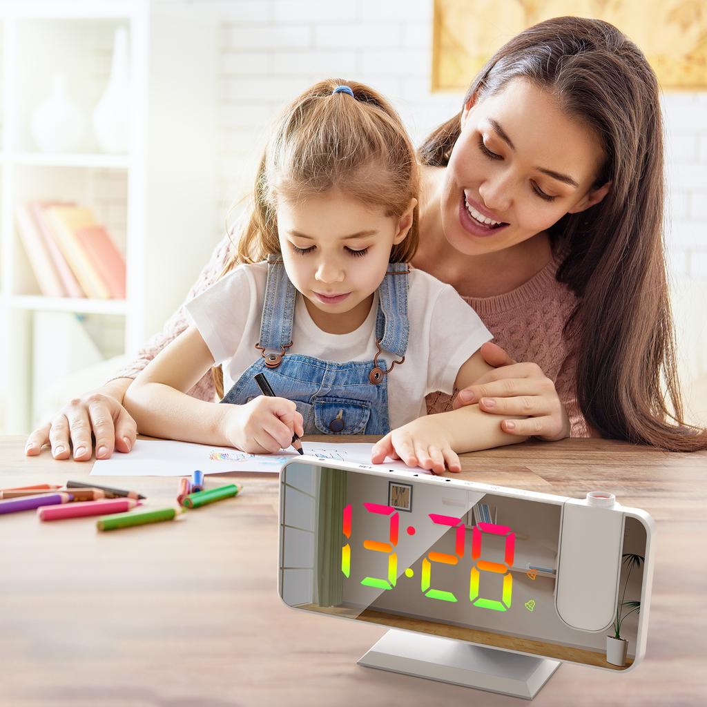 Digital 180 Degrees Projection Alarm Clock with Dynamic RGB Light Brightness Adjustable Snooze Dual Alarm