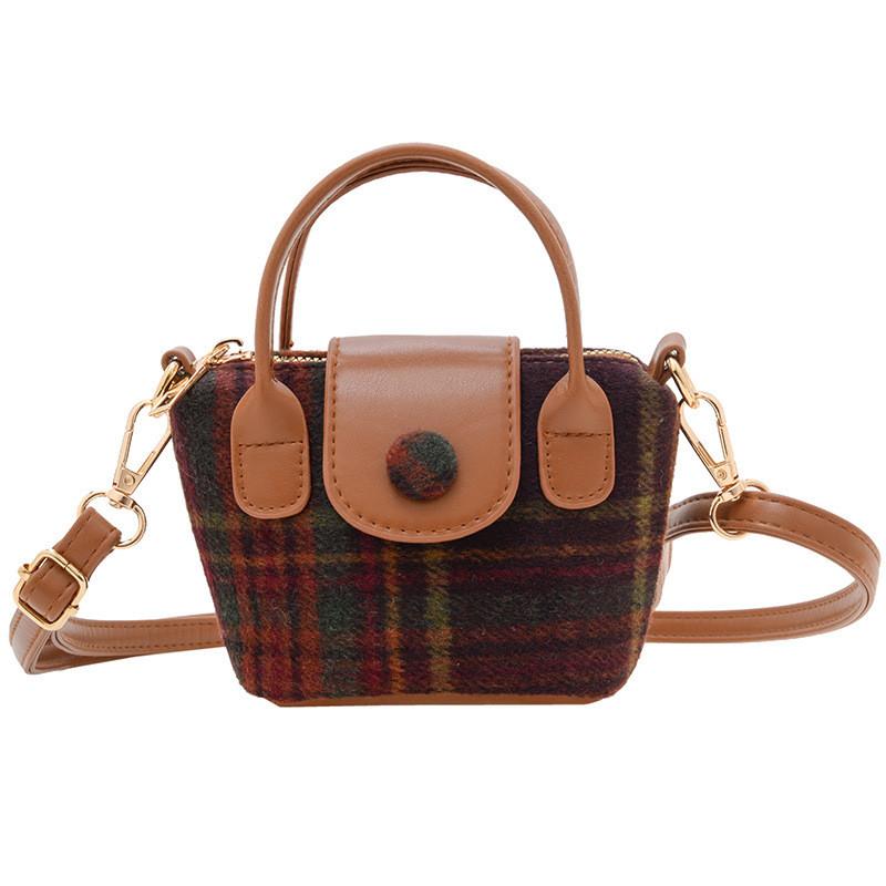 Stylish Retro Mini Tote Bag For Girls Trendy Plaid Crossbody Purse In Khaki Brown
