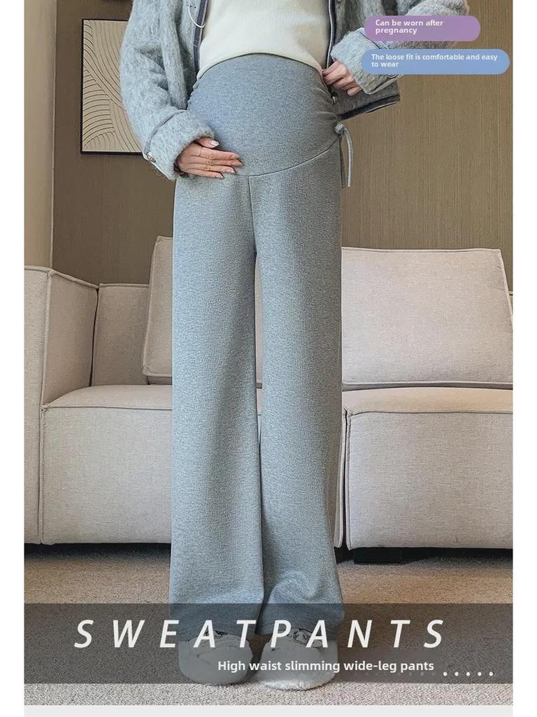 Широкие брюки для беременных 2024 года: Осенне-зимний бархат, завязка на шнурок, прямой крой.