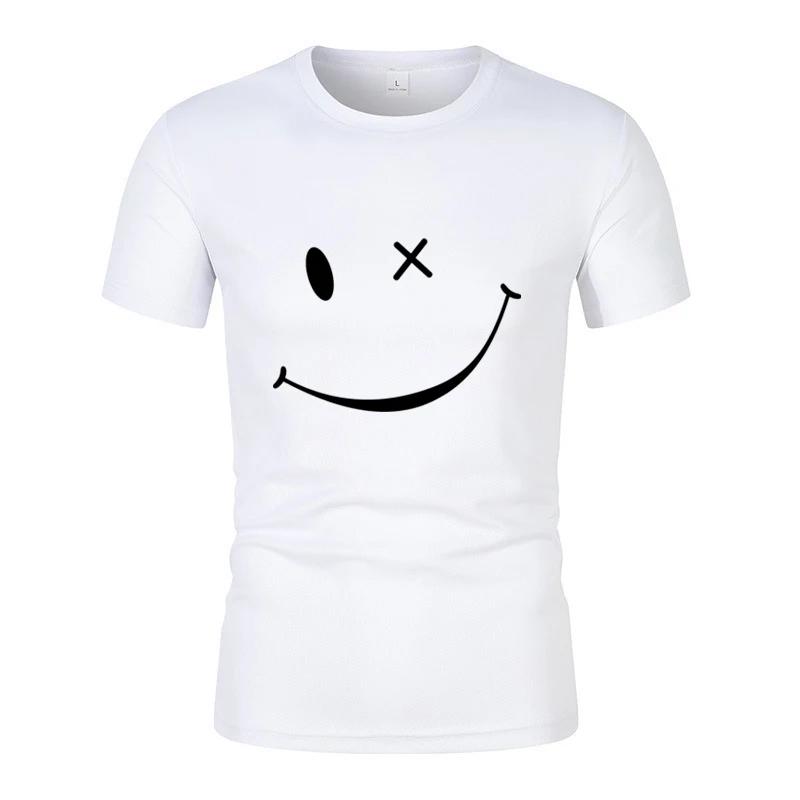 Быстросохнущая дышащая однотонная мужская новая модная простая футболка с забавным принтом смайликов с короткими рукавами, повседневные уличные топы для мужчин