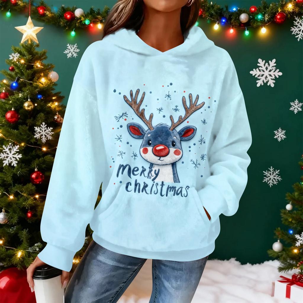 Women's Hooded Long Sleeve Christmas Printed Flannel Top Hooded Sweatshirt