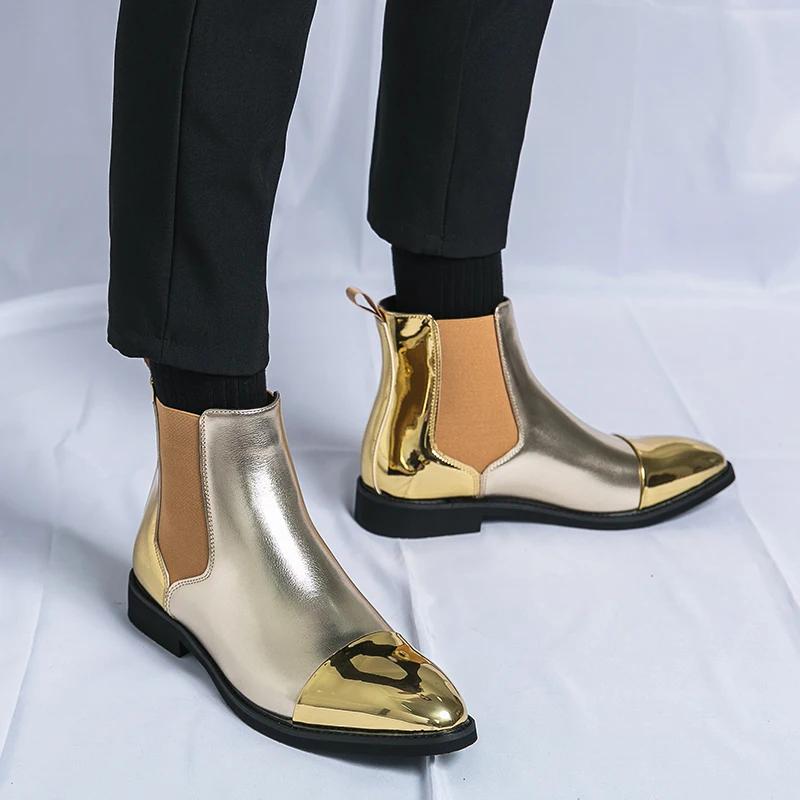 Золотые ботинки челси мужские высокие ботильоны из искусственной кожи с круглым носком модные ботинки для ночного клуба парикмахерские ботинки в классическом рок-стиле