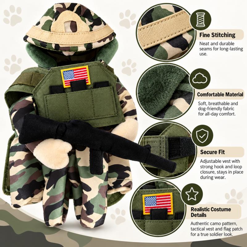Dog Military Costume Cute Camouflage Soldier Pet Outfit with Tactical Vest Hat and Plush Prop for Puppy Party