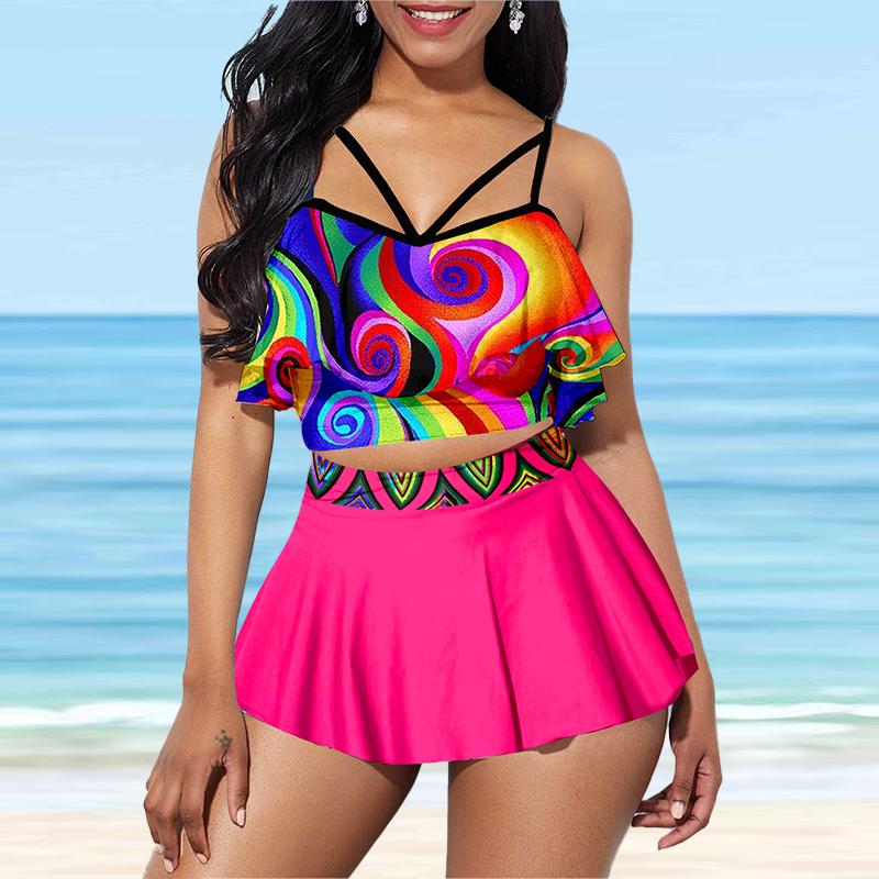 Women's Shoulder Strap Swimsuit Green Personalized Lotus Leaves Print Bikini Tankini Swimsuit