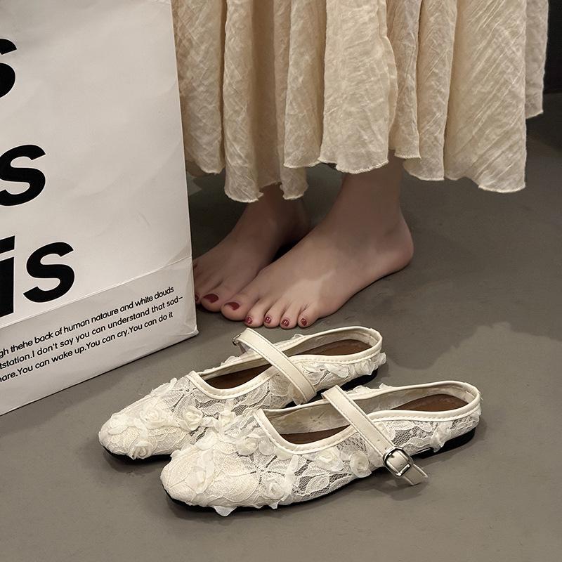 2025 Summer New Fairy Style Flat Bottom Lace Mesh Flower Sweet Temperament Fashion Single Shoes Bag Head Half Drag