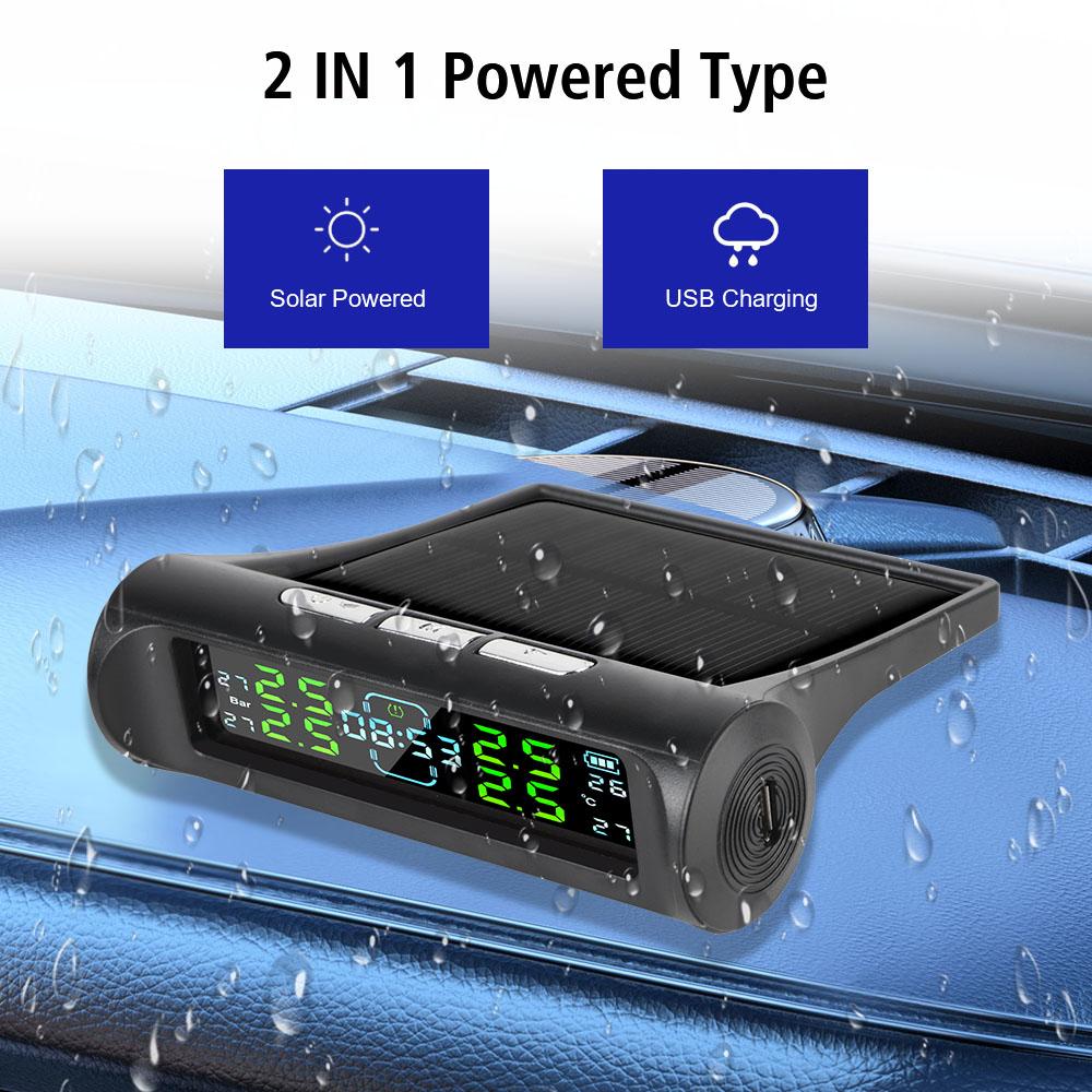 Система контроля давления в шинах автомобиля 0-6 бар Цифровой ЖК-дисплей с цифровыми часами USB / Солнечная TPMS Автомобильные системы охранной сигнализации