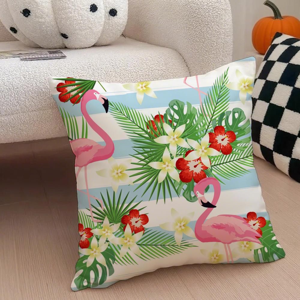 Forest Flamingo Palm Leaves Plant Pattern Art Cushion Cover Throw Pillow Cover Hidden Button Durable Polyester Chair Cushion