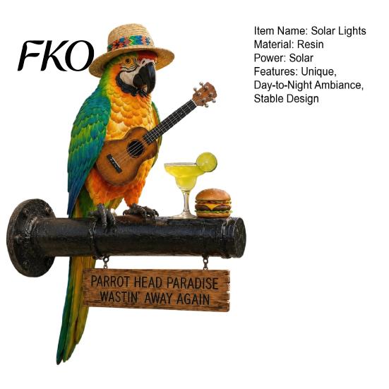 Outdoor Solar Decoration LED Parrot Wall Mount Decor Light, Resin Tropical Bird with Ukulele, Wind-resistant Light Yard Garden Patio Art Vintage Pipe