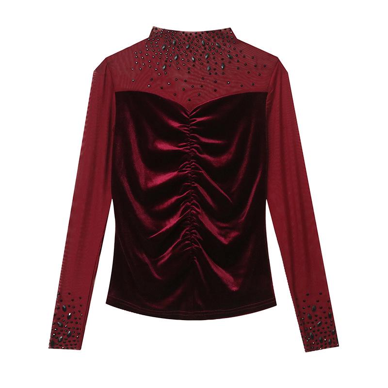 2024 Autumn/Winter V-Neck Women's Long Sleeve Beaded T-Shirt with Stylish Hot Drilled Design