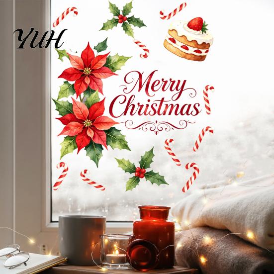 Holiday Gift for Friends Watercolor Christmas Static Sticker, Santa Claus/Deer/Christmas Tree/Cake Pattern Print, Waterproof Window Film Thickened PVC