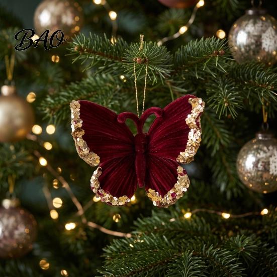 Festive Home Shop Ornament Set Flocked Christmas Ornaments with Gold Edging, Retro Red Velvet Hanging Vintage Style Pendants Decoration, Elk