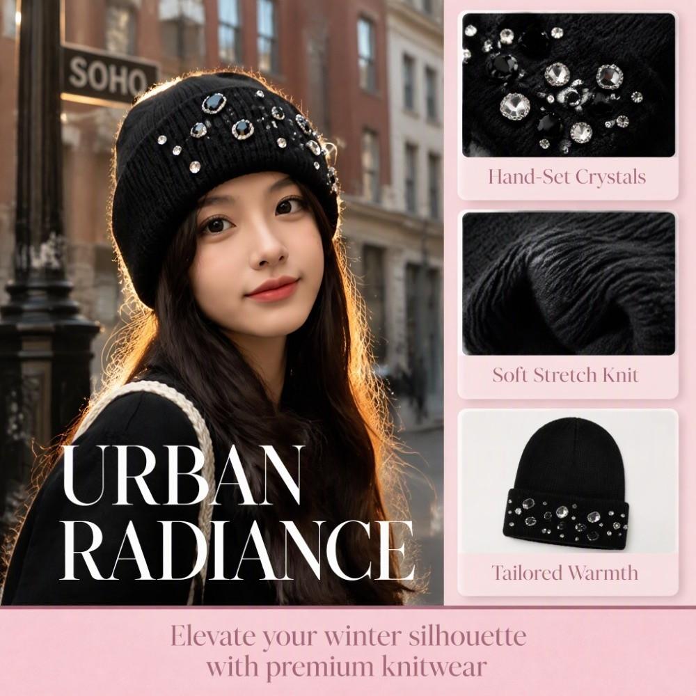 Solid Color Rhinestone Knitted Hat Versatile Windproof Cap Cute Warm Beanie Outdoor