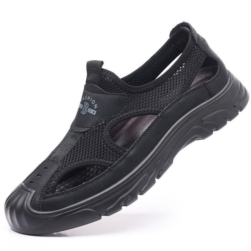 Мужские летние сандалии из натуральной кожи 2024 года с дышащей отделкой: Обувь Mesh для вождения, отдыха на природе, вброд и на пляже