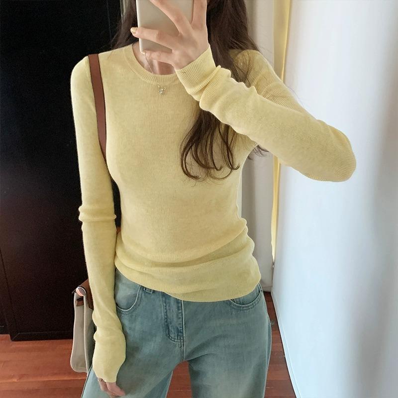 Mint Green Knitted Bottoming Shirt Early Spring New Slim-fitting Thin Slightly Transparent Sweet and Spicy Long-sleeved Women's Top