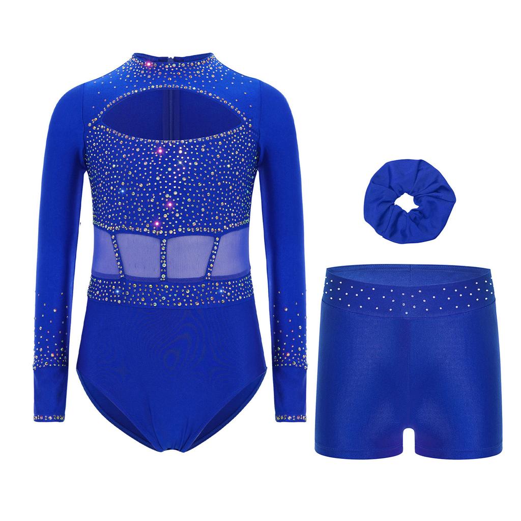 Girls Gymnastics Dance Set Long Sleeve Shiny Cutout Front Back Zipper Leotard Rhinestones Shorts Headwear