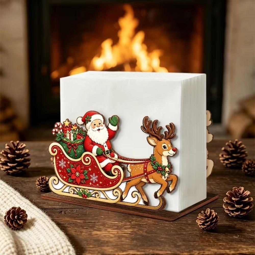 Santa Claus Santa Sleigh Napkin Holder Cartoon Desktop Tissue Box Wooden Napkin Holder Holiday
